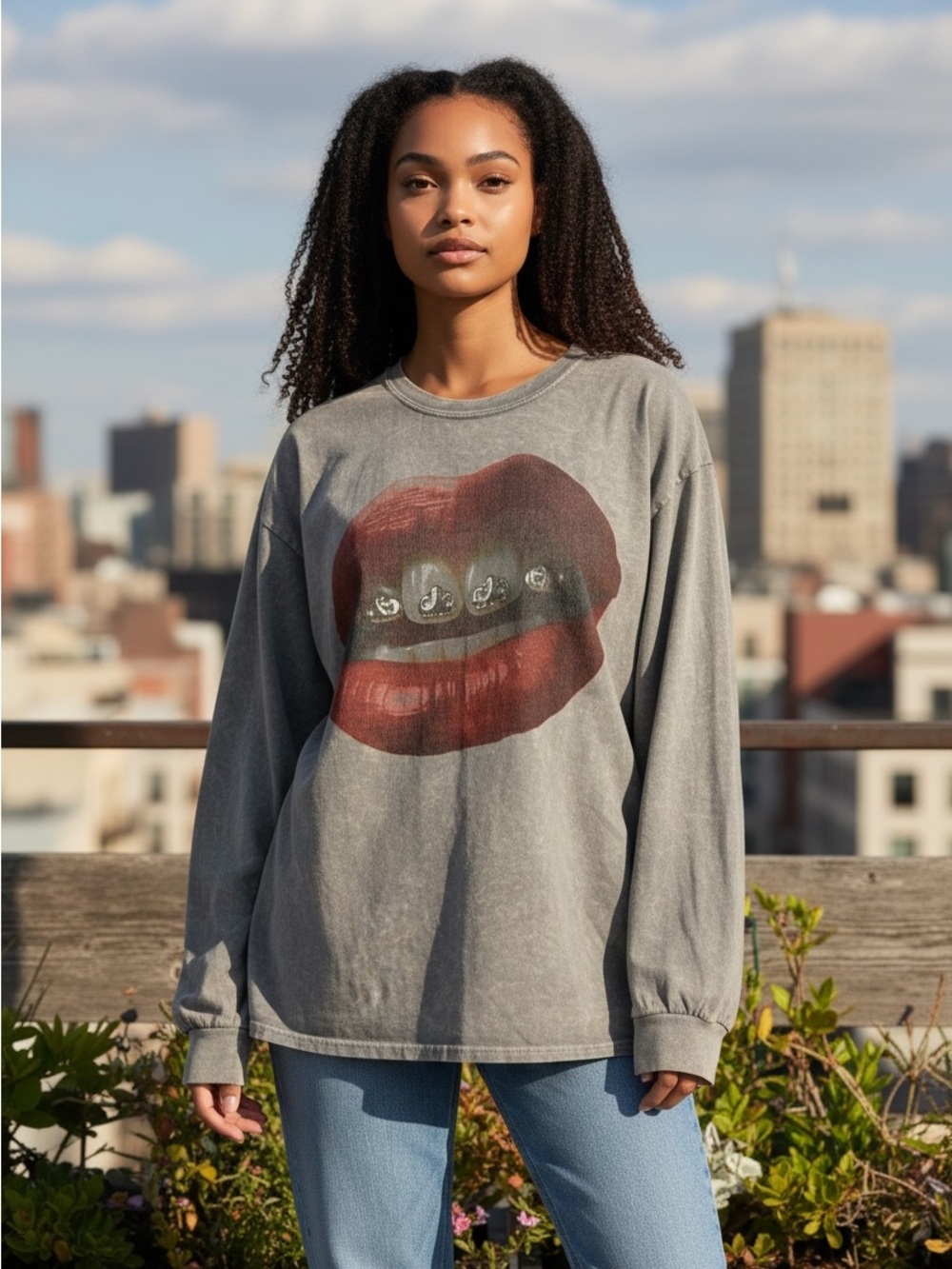 Fashion Nova What A Gem Washed Long Sleeve Graphic Tee Grey 2X Oversized